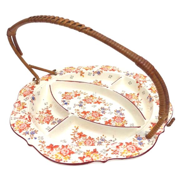 Antique Hand Painted Decorative Divided Plate Rattan Handle Made Japan Floral - Picture 2 of 10